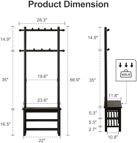 AQIMUELE Coat Rack with Shoe Storage, Narrow Wooden Hall Tree with Bench, 11 Hooks and 2-Tier Storage Shelves, 3-in-1, Entryway Bench with Coat Rack (23.6"-Black) - Image 2