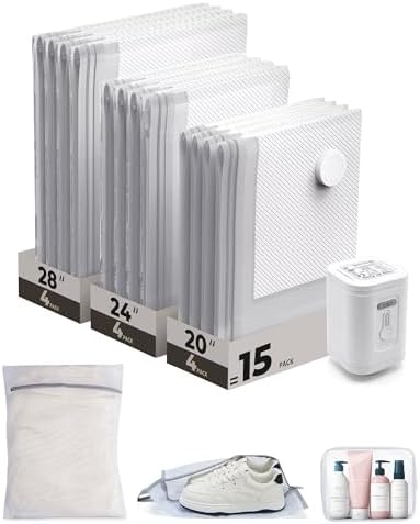 BAGSMART Vacuum Seal Storage Bags for Clothing Travel, 15 Pack Travel Essentials Bundle includes Laundry Bag & Waterproof Shoe Bag & TSA Approved Toiletry Bag, Hand Pump Included by BAGSMART