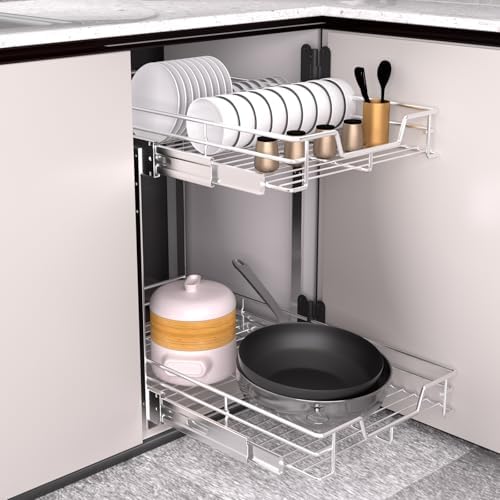 EZKAZA Pull Out Cabinet Organizer 7.5" W x 21" D, 2-Tier Kitchen Cabinet Pullout Shelf and Drawer Organizer Slide Out Pantry Storage Basket, 6.2" W x 21" D x 2.4" H for Bottom Basket Size - Image 4