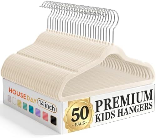 HOUSE DAY 14 Inch Kids Velvet Hangers 50 Pack, Durable Big Kid Hanger Beige by HOUSEDAY