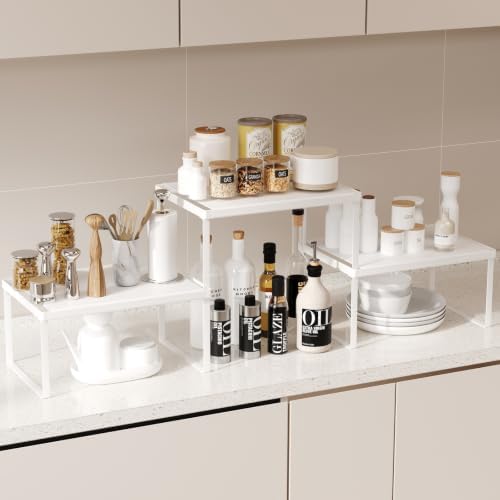 Magheo Cabinet Organizer Shelf Riser, Stackable Spice Rack for Countertop/Cabinet, Pantry Organizers and Storage, Heavy Duty Kitchen Counter Shelves for Seasonings,Bowls,Coffee Makers (3 Pack, White) by MAGHEO