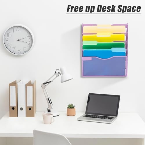 EASEPRES 5 Pocket Mesh Hanging Wall File Organizer, Wall Mounted Mail Paper Document Folder Holder, Clipboard Storage Organization Magazine Rack with Nametag Label for Office Home School, Light Purple - Image 5