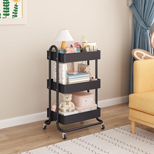 MIOCASA 3-Tier Metal Utility Rolling Cart, Heavy Duty Multifunction Cart with Lockable Casters, Easy to Assemble, Suitable for Office, Bathroom, Kitchen, Garden (Dark Gray, 3-Tier-Metal) - Image 7