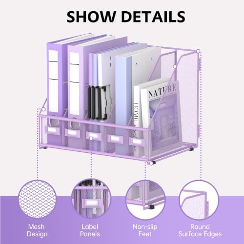 5 Vertical Compartments Magazine Holder, Metal Binder Organizer, Purple - Image 3