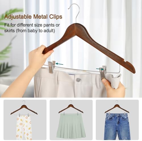 TOPIA HANGER Wooden Suit Hangers with Adjustable Metal Clips (10 Pack), Solid Wood Clothes Hangers, 360° Swivel Hook, Premium Retro Finish Pants Hangers for Clothes Coat, Jeans, Blouse-CT28A - Image 5
