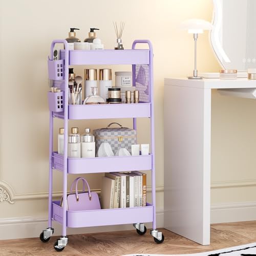 TOOLF 4 Tier Rolling Cart, Metal Utility Storage Cart with Pegboard, Purple - Image 3