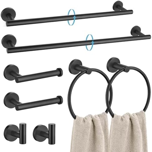 TURS Matte Black 8 Pieces Bathroom Hardware Set, SUS304 Stainless Steel 24 Inch and 20 Inch Bath Towel Bar Set, Round Bathroom Accessories Kit Wall Mounted Towel Holder by TURS