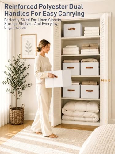 8 Pack Large Closet Storage Baskets Bins for Shelves, Collapsible Fabric Closet Organizers and Storage with Polyester Handles, Decorative Baskets for Organizing Clothes, Towels, Linen Closet 14"x10" - Image 2
