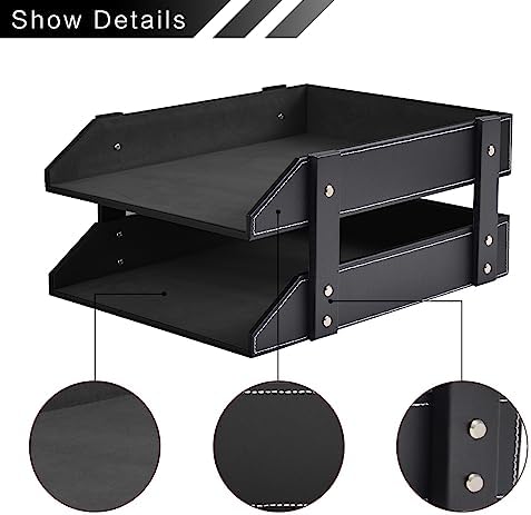 Leather Desk Organizer,2-Tier Stackable Letter Tray Holder,Office Supplies Desktop Storage Box for Document,Stationery,Magazines,Newspapers,Letters and Other Home Office Paper Sundries,Black - Image 2