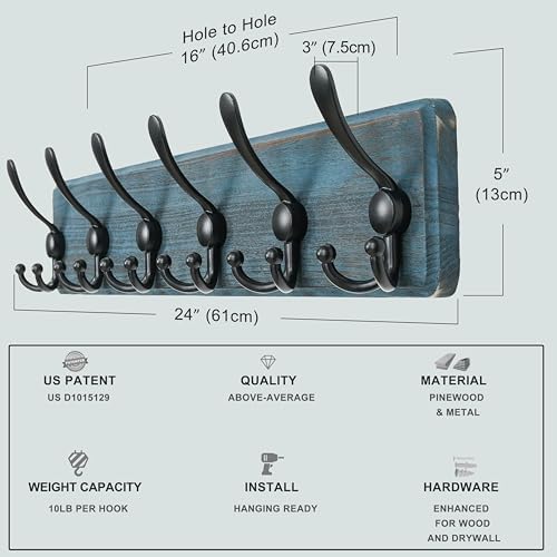 Dseap Coat Rack Wall Mounted - 24" Long 6 Tri Hooks, Heavy Duty Wooden Wall Coat Hanger Coat Hook for Clothes Hat Jacket Clothing, Weathered Blue and Black - Image 5