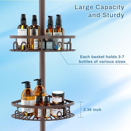 Rustproof Shower Corner Caddy Shelf for Bathroom Tension Pole Organizer with 4 Baskets for Bathtub Shampoo Storage from 23.6 to 114.5 Inch with Towel Bar (Bronze) - Image 5
