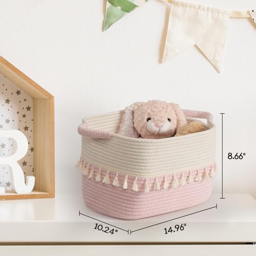 TeoKJ Storage Baskets 3 Packs, Storage Basket for toys,Towel, Storage Bins, Woven Basket for Shelves Bedroom Laundry Nursery, White & Pink - Image 2