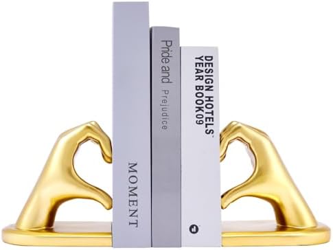 Gold Decorative Bookends for Shelves, Heart Hands Resin Sculpture with Non-Slip Felt Base, Modern Book Ends for Living Room, Bedroom and Office,Larger Size-10.43x3.93x5.51 by Xmeden