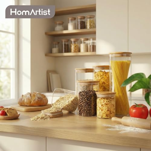 HomArtist Glass Jars with Bamboo Lids [Muti Size Set of 5], Glass Canisters with Airtight Lids, Glass Food Storage Containers for Pasta, Oats, Coffee, Flour, Sugar, Rice, Best for Kitchen & Pantry - Image 6