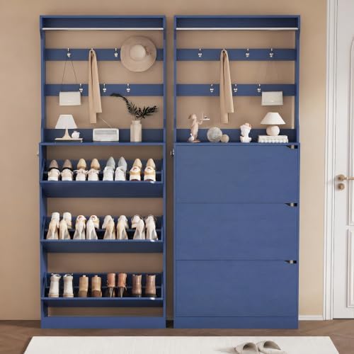 Blue Hidden Shoe Cabinet with 3 Flip Drawers & Coat Rack, Entryway - Image 3