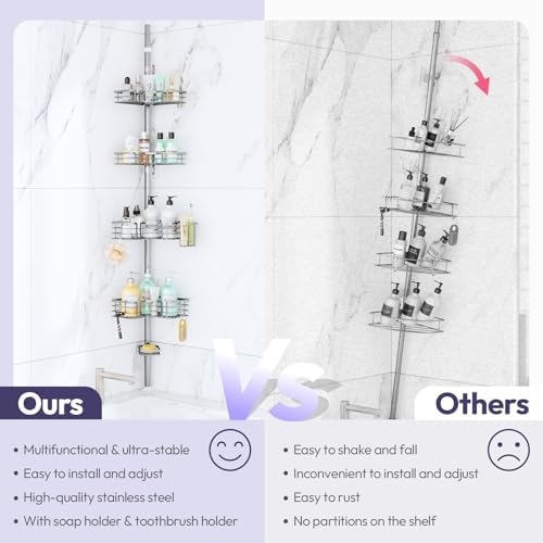 SWTYMIKI Shower Caddy Tension Pole - 4-Tier Corner Shower Organizer Tension Rod with Soap Holder, Toothbrush Holder & 4 Hooks, Adjustable Stainless Steel Bathroom Organizer 27.6 to 108.3 inch, Silver - Image 2