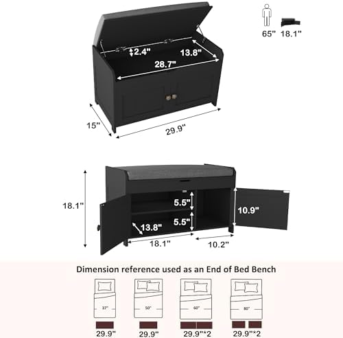 HOMEFORT 30" Shoe Bench with Lift Top Storage, Entryway Bench with Cushioned Seat, Wooden End of Bed Bench, Shoe Cabinet Bench with Hidden Storage Space, for Bedroom, Hallway,Black - Image 3