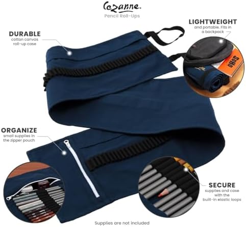 Cezanne Artist Pencil Case - Durable Blue Cotton Canvas Roll-Up Travel Art Case w/ Zipper Art Pouch for Artists, Professionals - Lightweight, Portable Organization - up to 72 Colored Pencils - Image 3