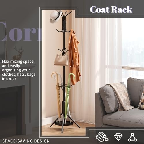 Coat Rack Freestanding,Entryway Hanger Stand,Umbrella Holder,Hall Tree With 12 Hooks, Floor Standing Metal Tree Stand,Black - Image 3