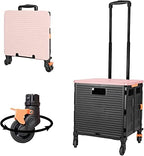 Quick Utility Cart Folding Portable Rolling Crate Handcart with Durable Heavy Duty Plastic Telescoping Handle Collapsible 4 Rotate Wheels for Travel Shopping Moving Luggage Office Use (black&pink lid) by FELICON