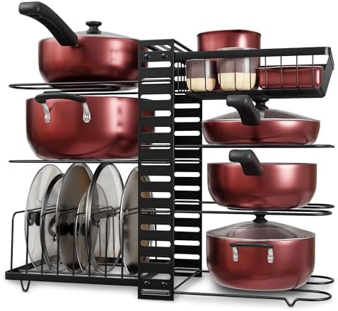 7-Tier Pots and Pans Organizer Under Cabinet - Cooking Pot Lid Organizer for Cabinet with Basket for Utensils, Lid Rack - Adjustable Vertical Holder Cookware Storage, Steel Pot Rack for Kitchen by Unknown