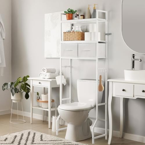 YBING Over The Toilet Storage Cabinet, Over Toilet Bathroom Organizer with Drawer, Roll Holder and Hooks, Bathroom Storage Cabinet, Wooden, White - Image 3