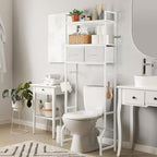YBING Over The Toilet Storage Cabinet, Over Toilet Bathroom Organizer with Drawer, Roll Holder and Hooks, Bathroom Storage Cabinet, Wooden, White - Image 3