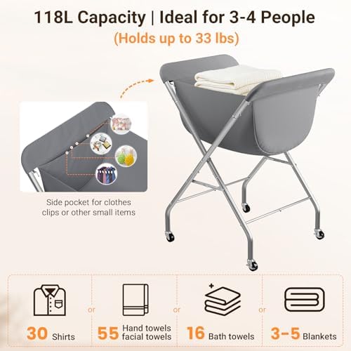 ELYKEN Laundry Basket with Wheels, Collapsible Laundry Hamper, Gray - Image 4