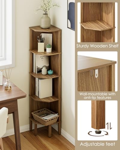 Corner Shelf, 5 Tier Corner Bookshelf, Display Corner Shelf Stand with Storage Rack, Wall Corner Bookshelf for Living Room, Bedroom, Office, Walnut - Image 5