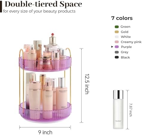 Aveniee Rotating Makeup Organizer for Vanity, Perfume Skincare Organizers Spinning, 2 Tier Bathroom Countertop Storage, Cosmetics Lipstick Holder for Counter Dresser,Purple - Image 5