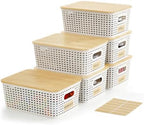 Bagnizer Small Plastic Storage Bins with Bamboo Lids 5.2qt Stackable Box Basket Pantry Decorative Containers Cute with Labels for Organizing Desktop Closet Office Cream White of 6 packs 10*7.2*4.1" by Bagnizer