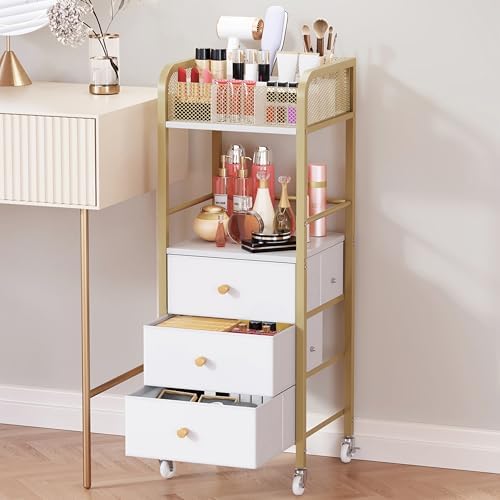 HapiRm Rolling Makeup Cart Organizer - Floor Skincare Make Up Storage with 3 Non-Woven Fabric Drawers, Vanity Organizer Cosmetic Display Cases Holder for Skin Care Perfume Nail Polish Brush Hair Tool by HapiRm
