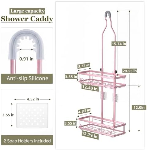 Skyapex Shower Caddy Hanging: Adjustable Height No Blocking to Shower Head - Shower Caddy Over Showerhead Shower Organizer - Rustproof Shower Shelves with Hooks 2 Soap Holders, Pink - Image 2