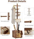 Solid Wood Freestanding Coat Rack with 10 Adjustable Hooks, Storage Basket and Lockable Casters, Organizes Hats, Clothes and Bags for Entryway, Bedroom, Living Room - Image 6