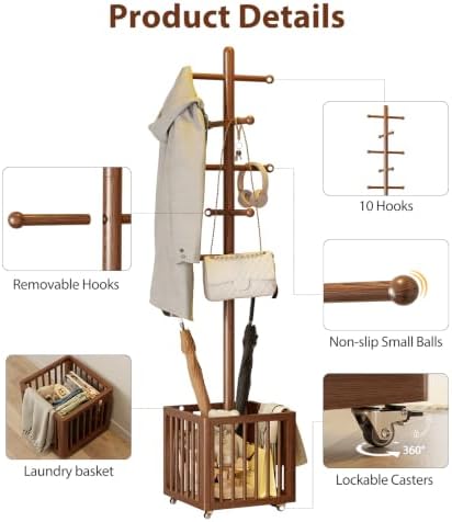 Solid Wood Freestanding Coat Rack with 10 Adjustable Hooks, Storage Basket and Lockable Casters, Organizes Hats, Clothes and Bags for Entryway, Bedroom, Living Room - Image 6