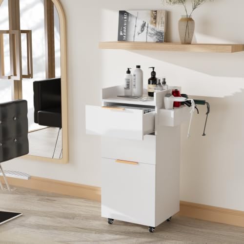 OmySalon Salon Cart with Wheels, 3-Tier Rolling Hair Styling Station, 2 Drawers & Adjustable Shelf, Hair Dryer Holder, Mobile Organizer for Salon, Barber, Spa, Nail & Beauty Tools, White - Image 7