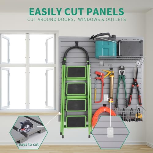 FRAYSCENT Slat Wall Paneling Garage Slat Wall Storage Systems Slatwall Panels Power Tool Organizer Wall Mount, PVC Garage Storage & Organization Products Slate Board (Grey, 4ft x 8ft with 26 Hooks) - Image 5