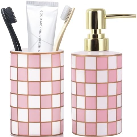 Bathroom Toothbrush Holder Set, Ceramic Checkered Soap Dispenser and Tooth Brush Holder Set, Modern Bathroom Accessories Sets Countertop, Black and White Checkered Bathroom Decor Set (Pink) by XYQXYQ