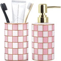 Bathroom Toothbrush Holder Set, Ceramic Checkered Soap Dispenser and Tooth Brush Holder Set, Modern Bathroom Accessories Sets Countertop, Black and White Checkered Bathroom Decor Set (Pink) by XYQXYQ