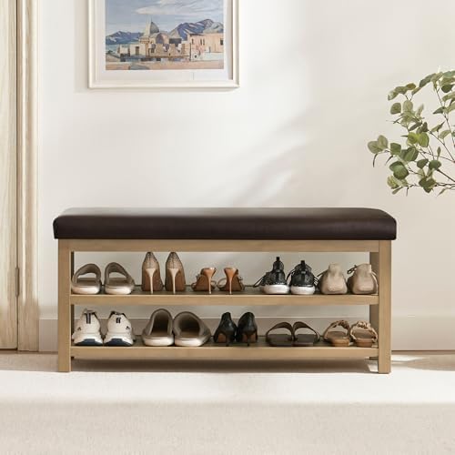 Zihanhome Shoe Rack Bench with Leather Cushion, 2 Tier Solid Wood Storage Bench, Mid-Century Modern Shoe Bench for Entryway, Hallway, Closet, Front Door Entrance, Foyer (Dark Brown, 46.5) - Image 3