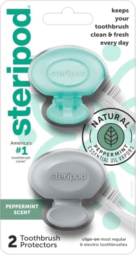 Steripod Clip-On Toothbrush Protector with Peppermint Essential Oils, Keeps Toothbrush Fresh and Clean, Travel Accessories, Fits Most Manual and Electric Toothbrushes, 2 Count (Pack of 5) by Steripod
