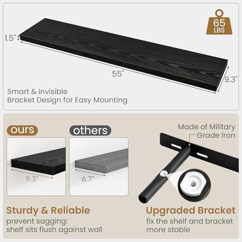 55 Inch Long Floating Shelves for Wall Set of 2, 55x9.3 Large Floating Shelf for Bedroom, Kitchen, Bathroom, Wall Mounted Rustic Wood Shelves with Invisible Bracket for Books, Decor, Black - Image 3