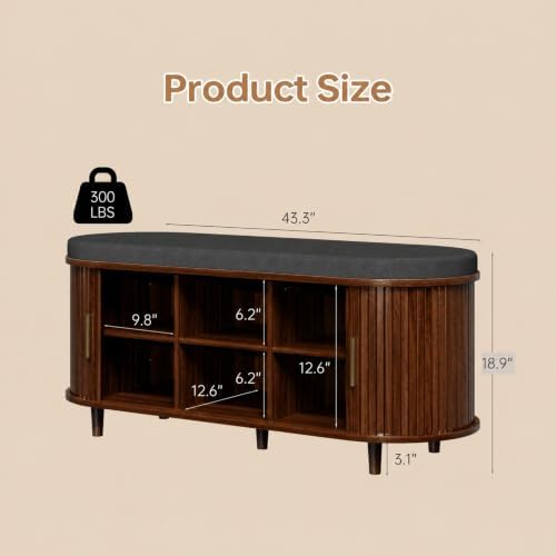 DHH 2-Tier Storage Bench,Wide Shoe Bench with Thickened Padded Seat Cushion, Mid Century Modern Fluted Sliding Door and Adjustable Shelf, for Entryway, Living Room, Bedroom (Walnut, 43.3“) - Image 2