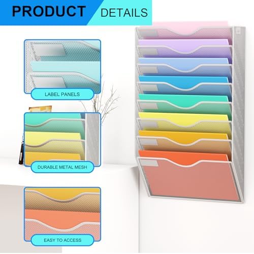 8 Pockets Mesh Hanging Wall File Holder Organizer Wall Mounted Paper Magazine Rack, Silver - Image 4