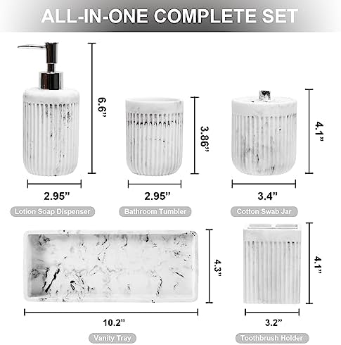 XLHOMO Resin White Marble Bathroom Accessories Set 5 Pcs, Lotion Soap Dispenser, Toothbrush Holder, Bathroom Tumbler, Qtip Holder and Vanity Tray, Bathroom Countertop Organizer Set for Home Apartment - Image 2
