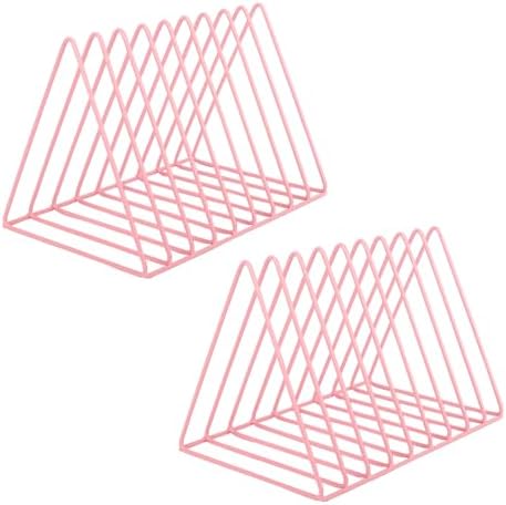 EASEPRES Vinyl Record Holder Storage, 9 Slot Metal Magazine Book Album Display Rack, Stylish Triangle Desktop File Sorter Organizer for Home Office, Pink Pack of 2 by EASEPRES