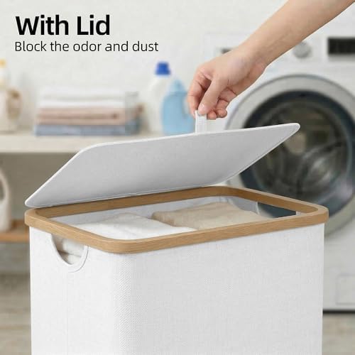efluky Slim Laundry Basket with Lid, Narrow Laundry Hamper with Removable Bag, Skinny Dirty Clothes Basket with Bamboo Handles for Bathroom, Bedroom & Laundry Room, 75L White - Image 4