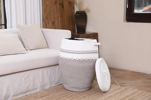 26"x20" Extra Large Tall Woven Laundry Basket with Lid, Cotton Rope Blanket Storage Basket, Freestanding Decorative Bin for Bedroom Living Room, Cream & Camel Marl - Image 6