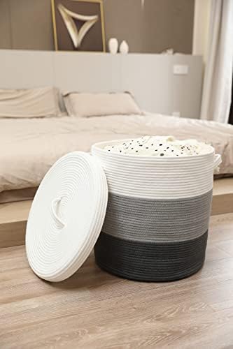 16x18 Inch Extra Large Round Cotton Rope Storage Basket with Lid, Decorative Woven Bin with Cover for Living Room Bedroom Closet, Grey & Dark Grey - Image 3