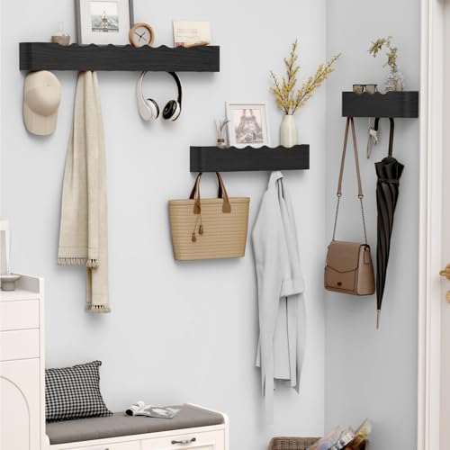 Coat Rack Wall Mount with Hidden Hooks, Wall Hooks with Shelf, Wall Key Holder Mount Wooden Shelf Entryway Hooks for Bedroom Bathroom for Hanging Coats Hats Bags Towels (Black Wave-Shape, 5 Hooks) - Image 5